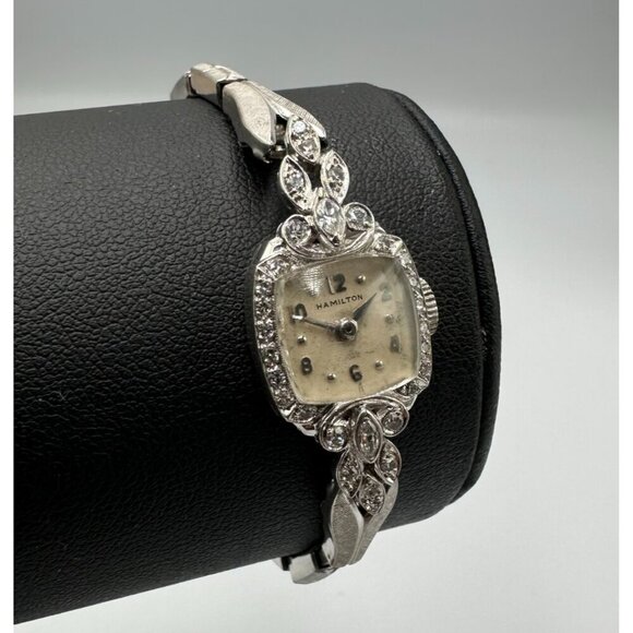 Vintage Hamilton Dinhofer Watch Women Platinum Diamond Bezel Manual Stretch main image 12